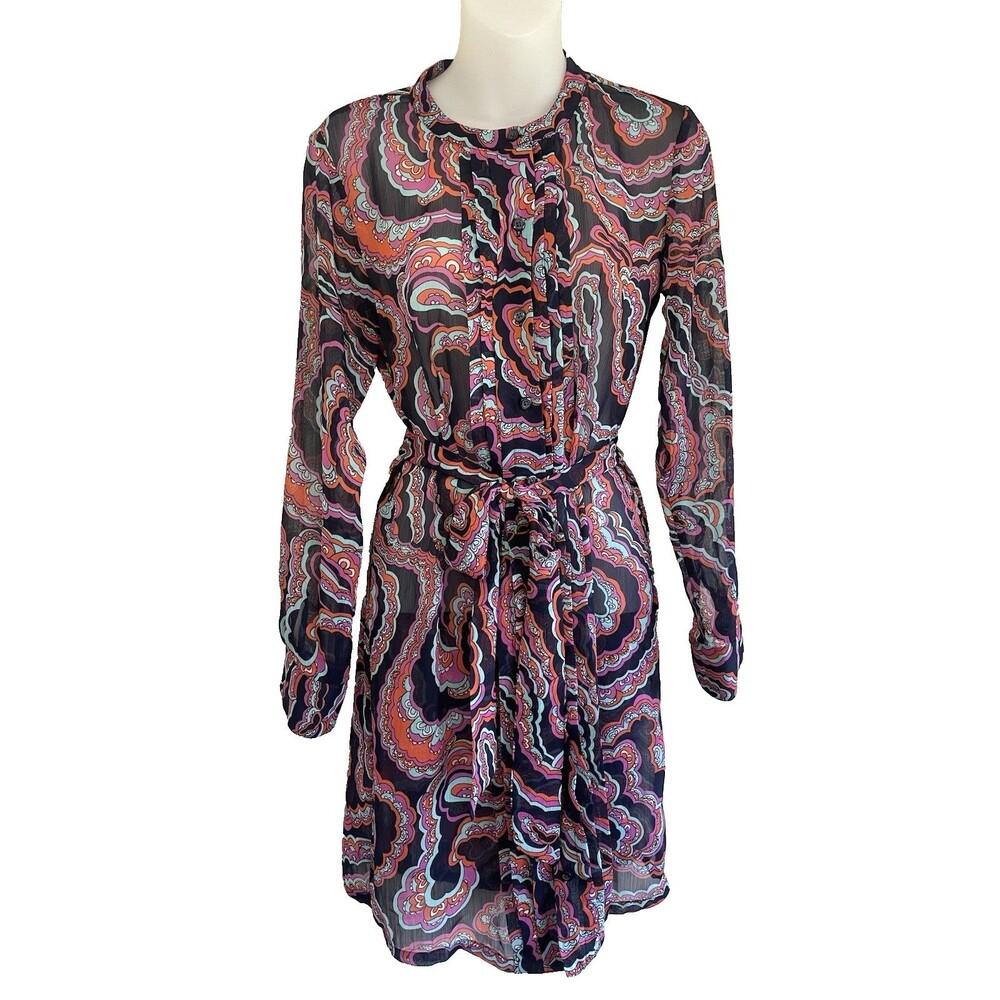 Banana Republic Sheer Paisley Long Sleeve Button Tie Dress Size 0 Blue Pink